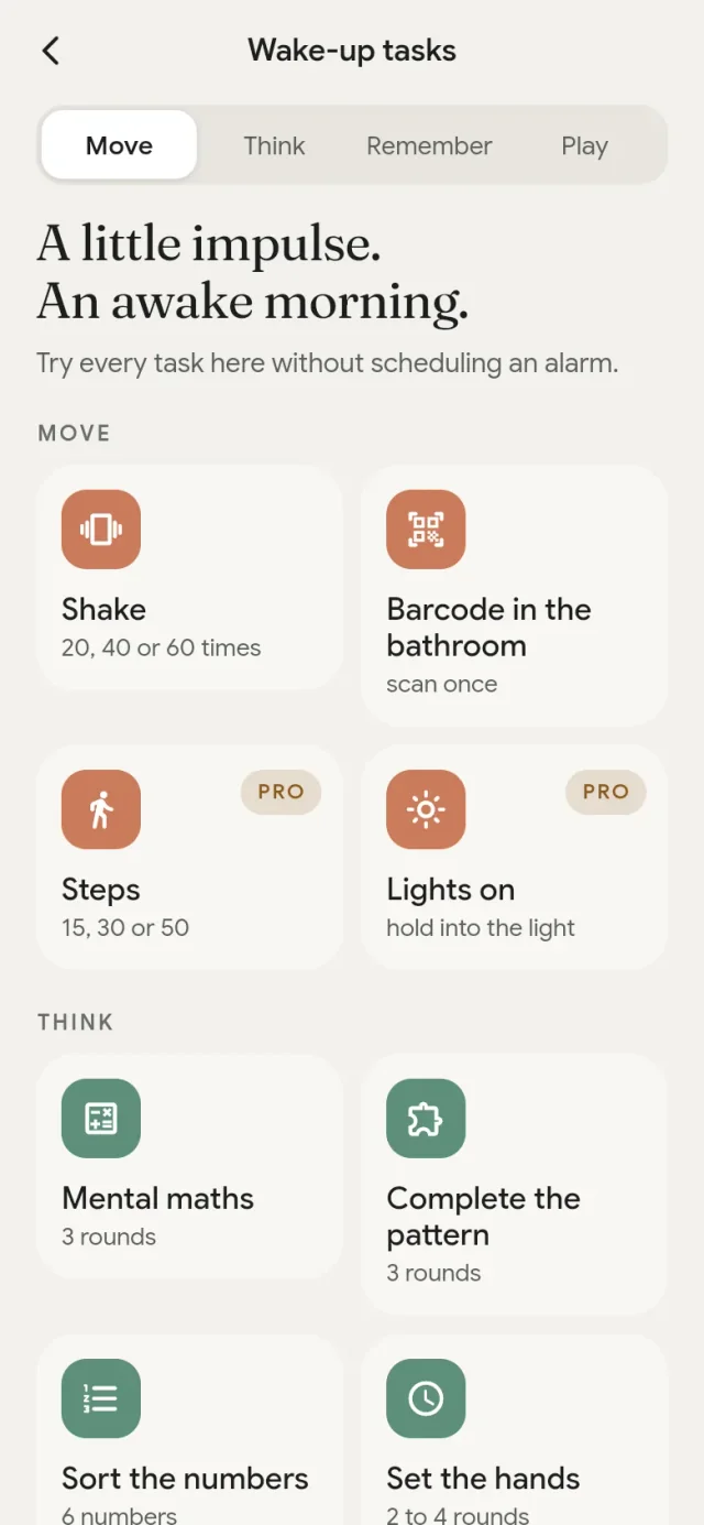 Daynori: the library of wake-up tasks in the app.