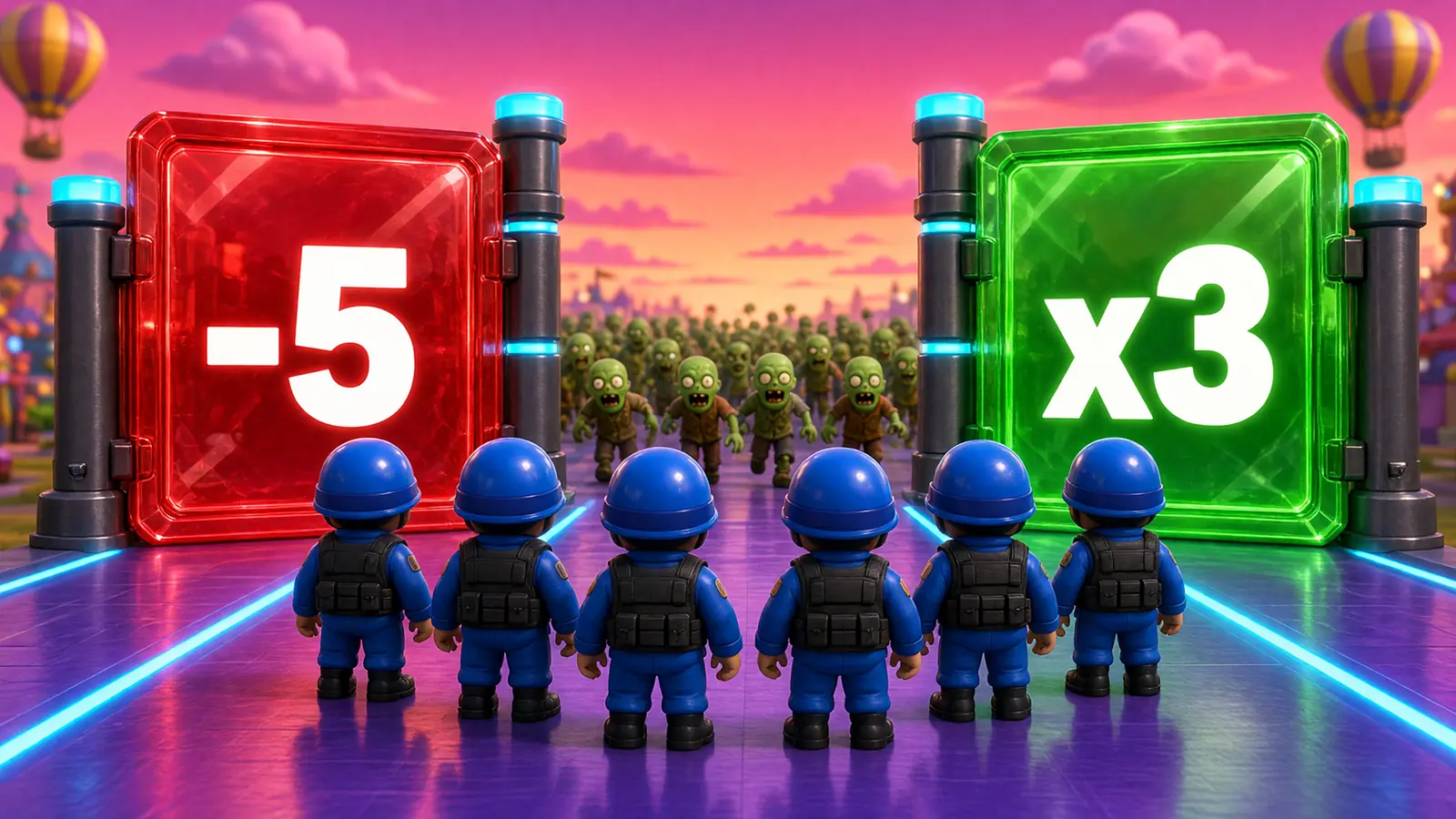 Key art of Lane Shooter: the blue toy-soldier squad on the purple lane, a zombie horde charging towards them