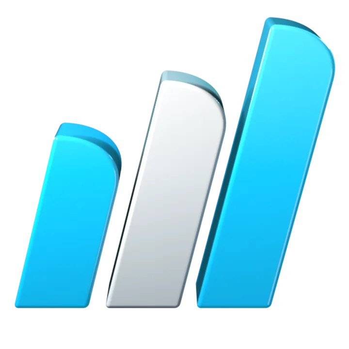The Mizu Studio mark, three slanted bars in cyan and white, as a 3D model